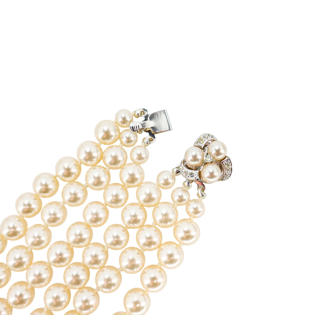 Classic Triple-Strand Faux Pearl Choker Necklace with Rhinestone Clasp