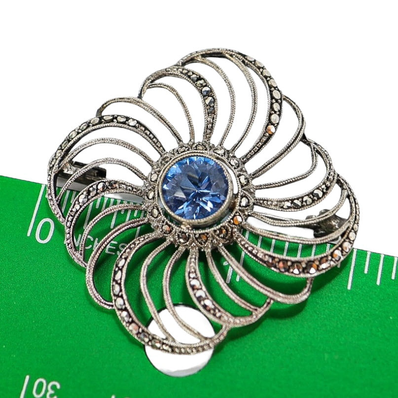 Vintage-Style Sterling Silver 925 Marcasite Flower Brooch - Blue Faceted Glass Center, 1.5”