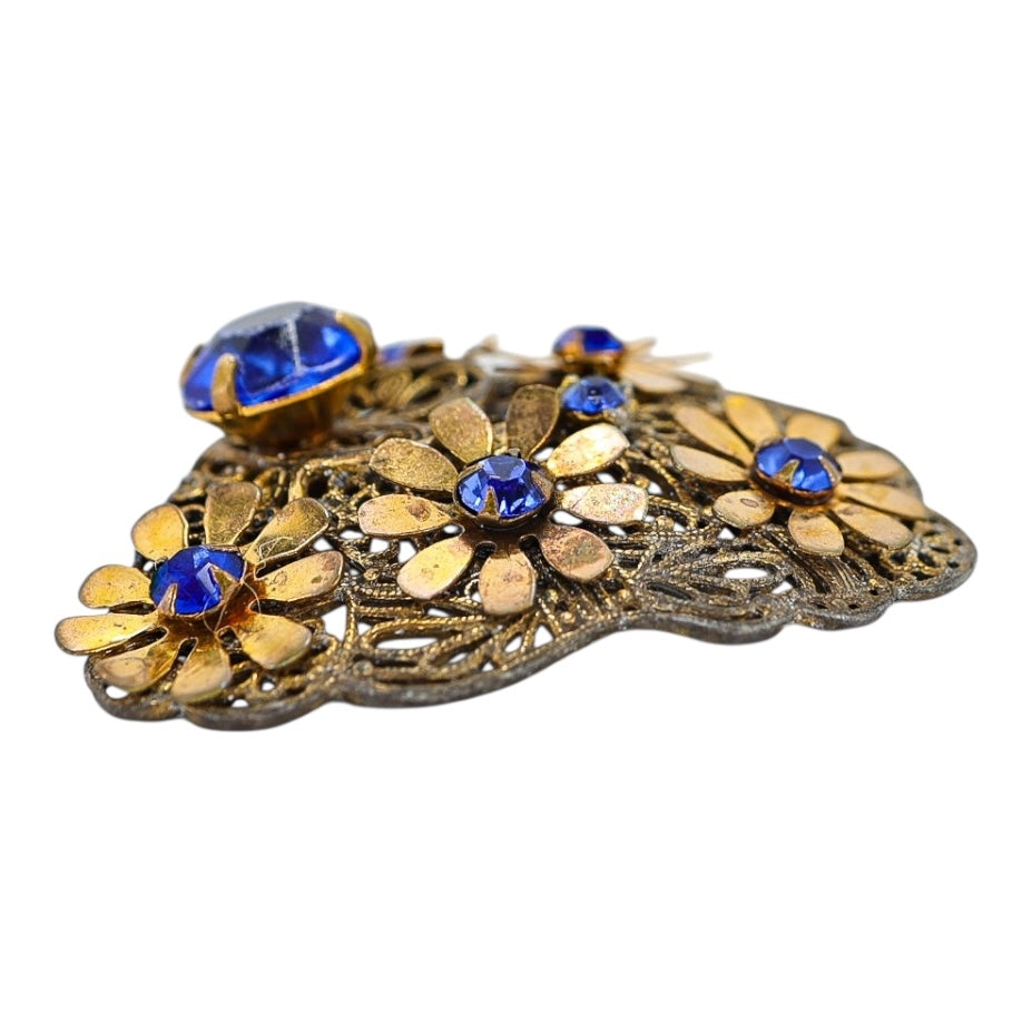 Vintage 1930s Blue Rhinestone Filigree Brass Flora Fur Clip / Dress Clip