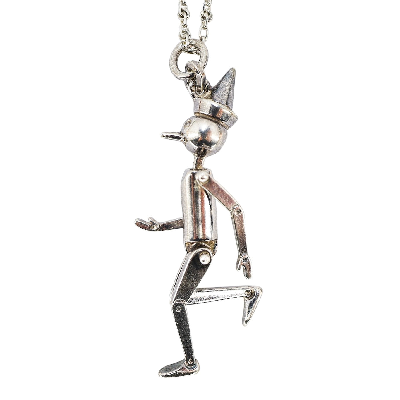 Vintage Sterling Silver Articulated Pinocchio Puppet Pendant Necklace