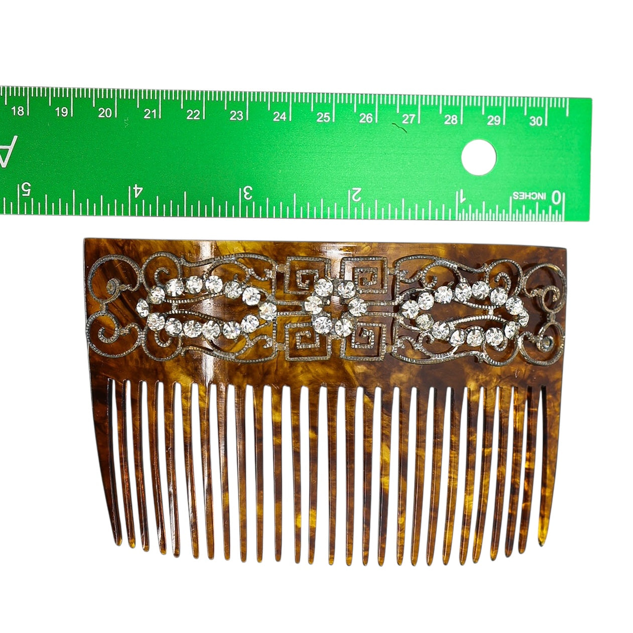Vintage Art Deco Faux Tortoise Acetate Hair Comb Applied Filigree & Rhinestones