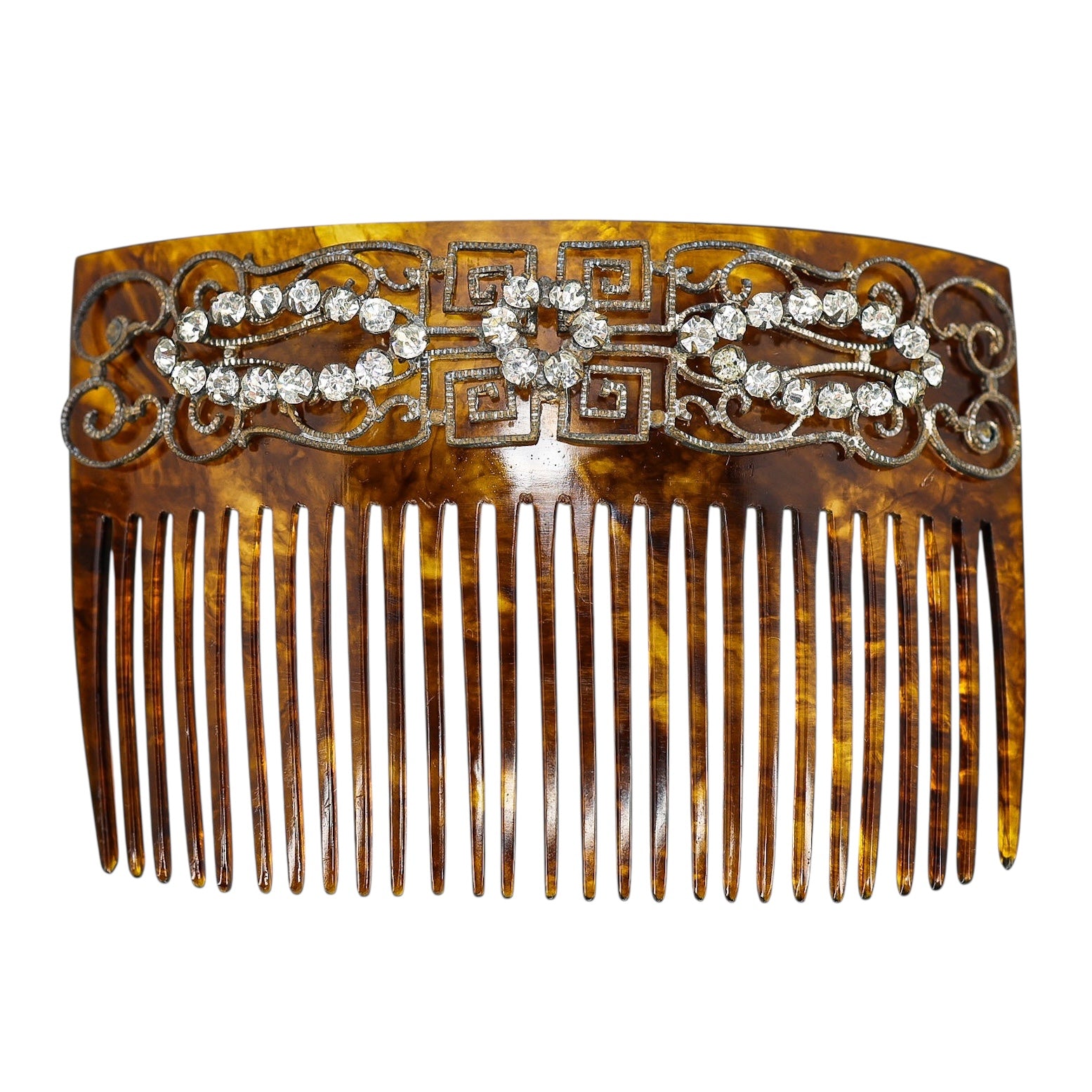 Vintage Art Deco Faux Tortoise Acetate Hair Comb Applied Filigree & Rhinestones