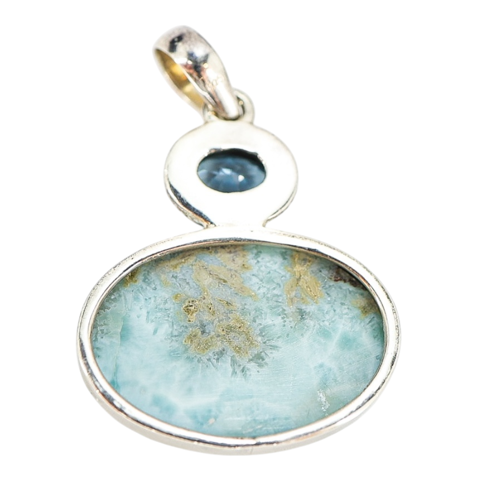 Large Sterling Silver Larimar & Blue Topaz Pendant – 2” x 1.25”