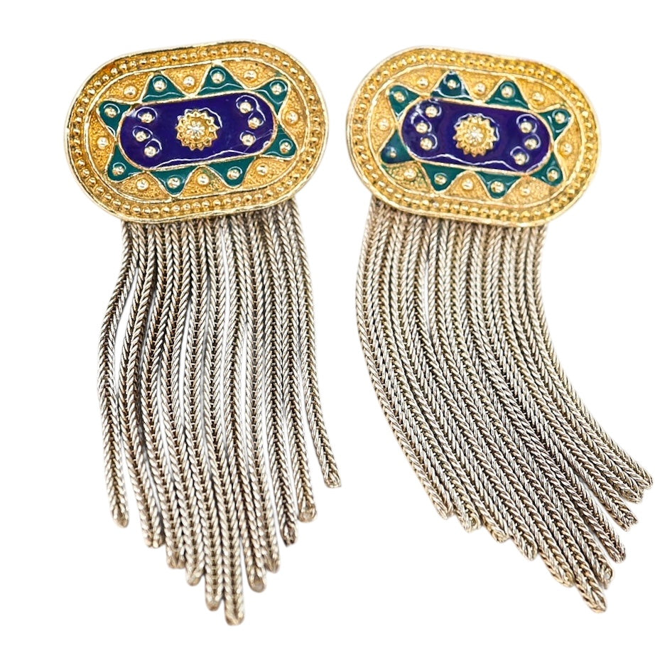 Vintage BANU 925 Enamel Tassel Earrings Turkish Ottoman Revival Jewelry