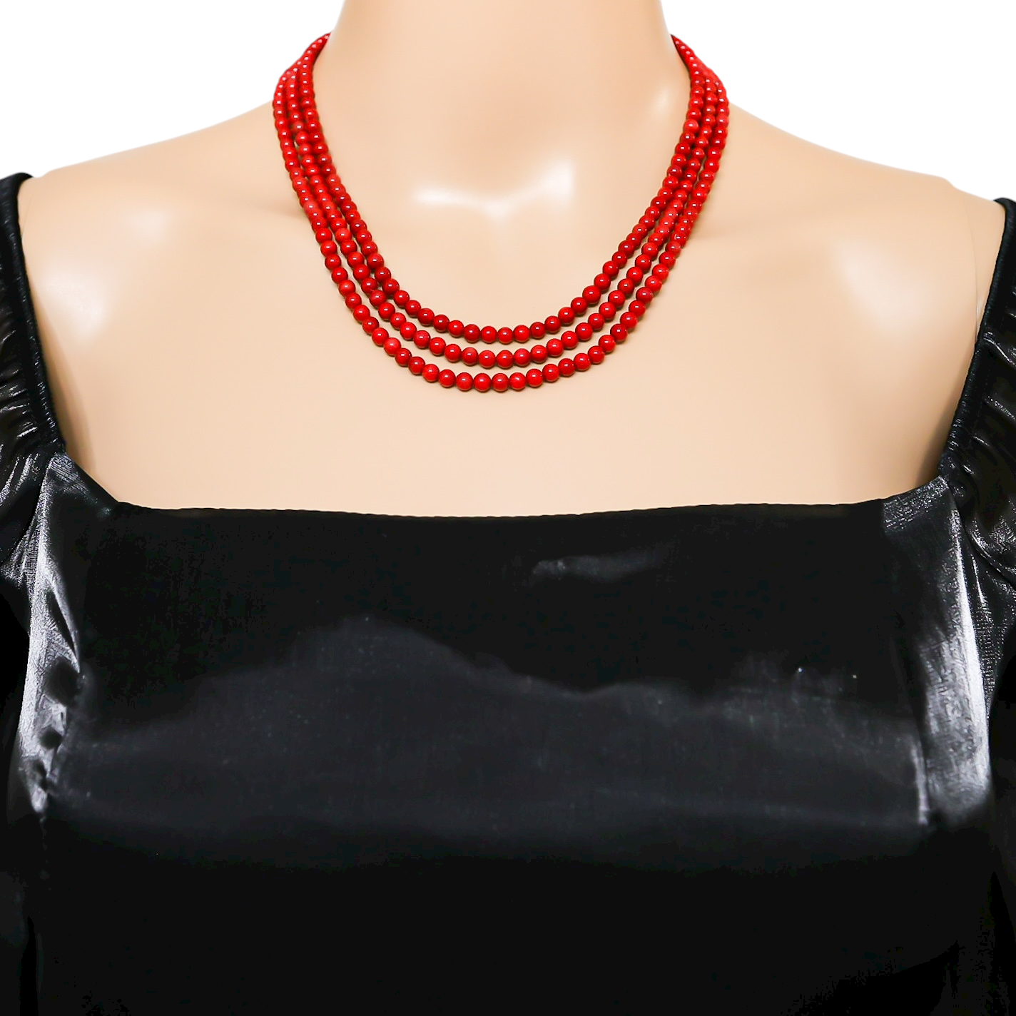 Vintage NOS Pacific Oxblood Coral Beads - 3-Strand Necklace Ornate 925 Clasp