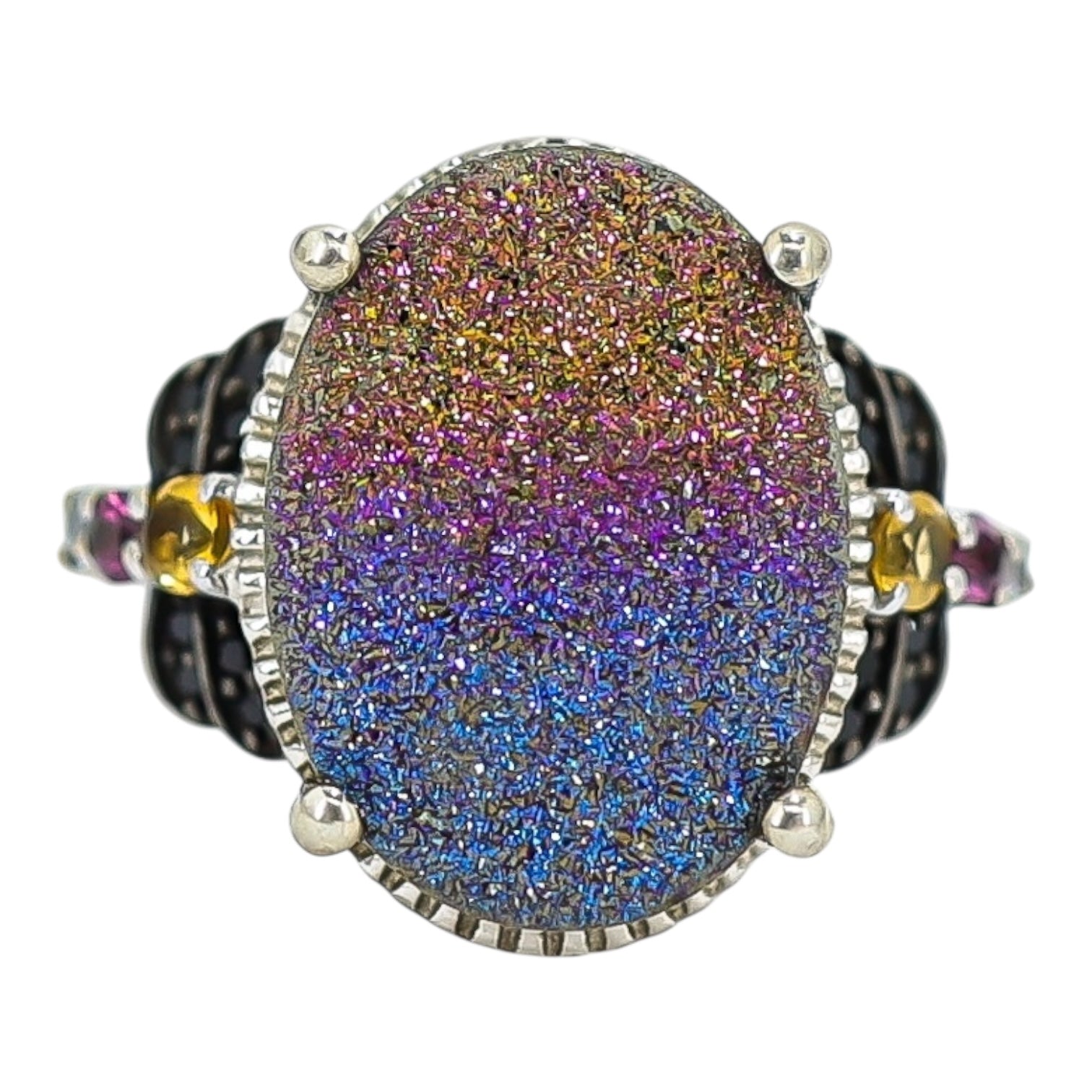 Signed STS Sterling Silver Rainbow Druzy Quartz Statement Ring – Size 7