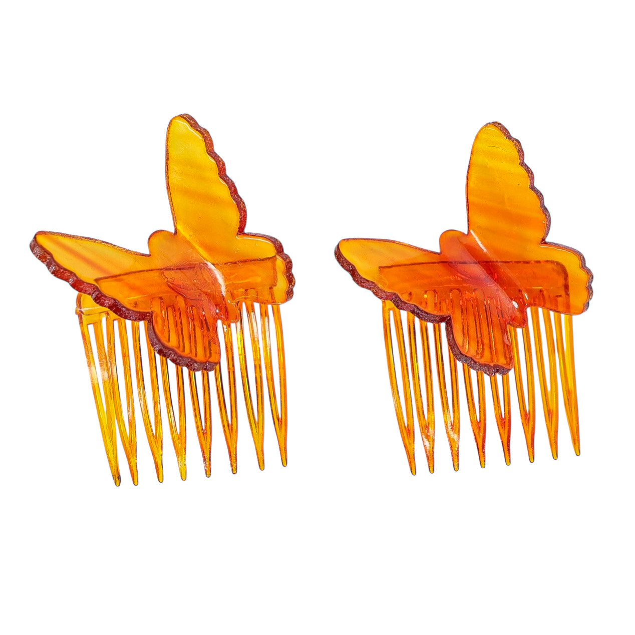 Vintage Amber Celluloid Butterfly Hair Combs, Made in USA – 1940s Factory-Split Pair from Single Mold