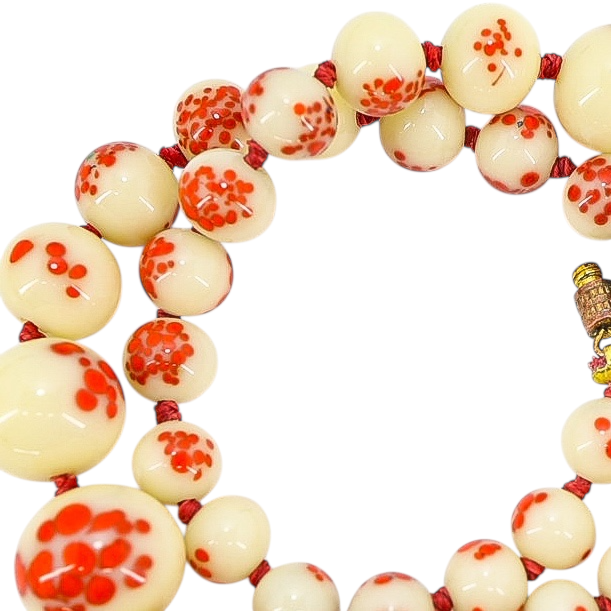 Vintage 1930s Venetian Custard Uranium Glass Necklace – Red Frit Beads, UV Reactive