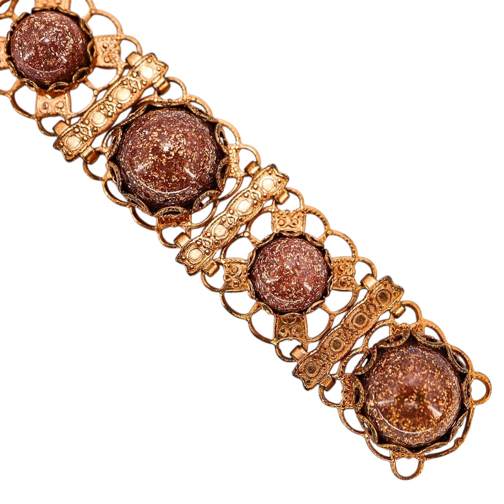 Vintage Copper Filigree Bracelet with Goldstone Art Glass Cabochons