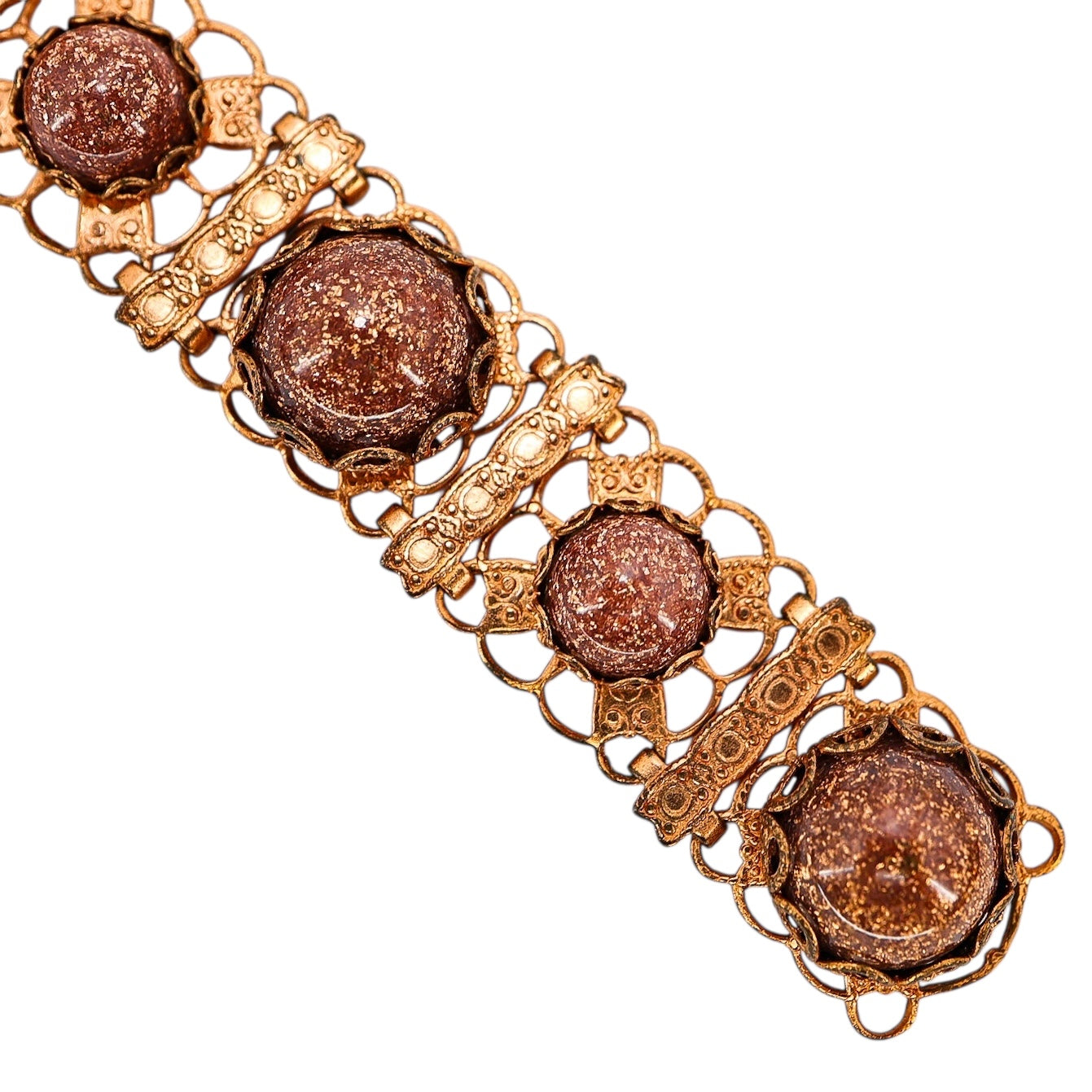 Vintage Copper Filigree Bracelet with Goldstone Art Glass Cabochons