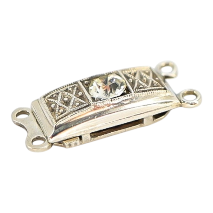 Vintage European 835 Silver Box Clasp with Faceted Crystal – 2-Strand Art Deco Style