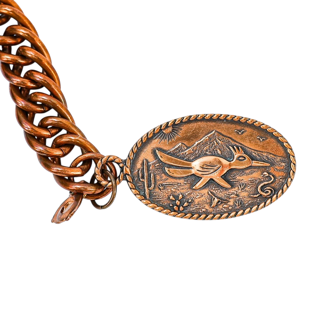 Vintage Solid Copper Curb Chain Bracelet with Bell Trading Post Roadrunner Charm – Southwestern Style