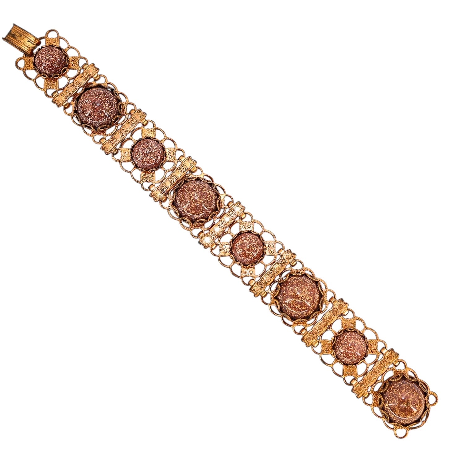 Vintage Copper Filigree Bracelet with Goldstone Art Glass Cabochons