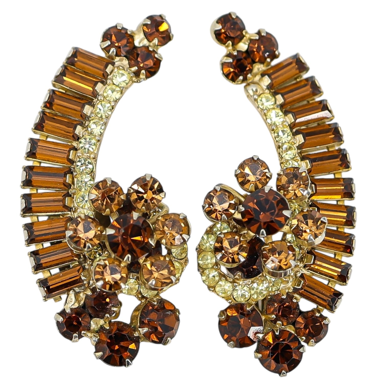 Juliana D&E 2” Topaz & Light Green Rhinestone Crescent Clip Earrings Vintage 5290 Style