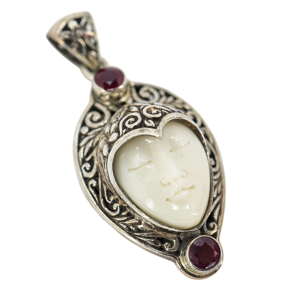 Vintage Sterling Silver Carved Face Pendant – Boho Bali Style