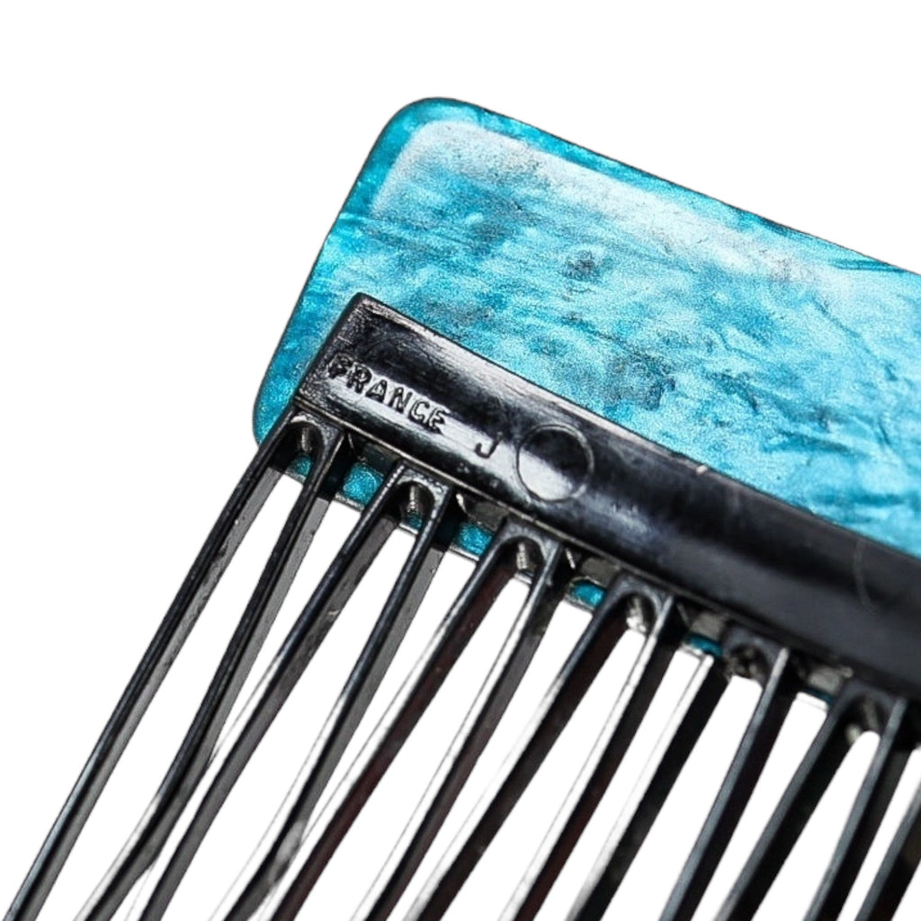 Vintage 30s–50s French Hair Comb Teal Marbled Acetate Applied Filigree