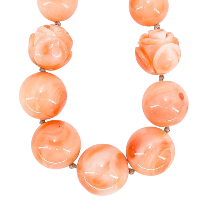 Salmon Pink Peach Momo Coral Necklace - New Strung w NOS Beads - 40g 18”