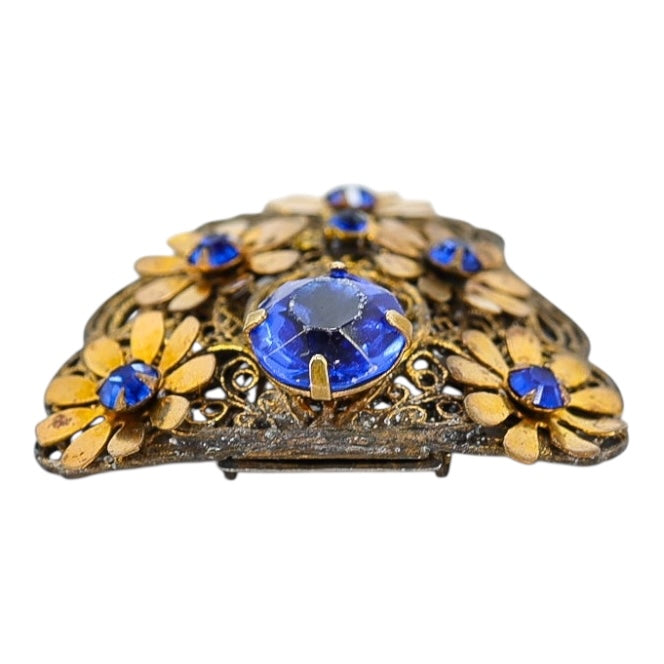 Vintage 1930s Blue Rhinestone Filigree Brass Flora Fur Clip / Dress Clip