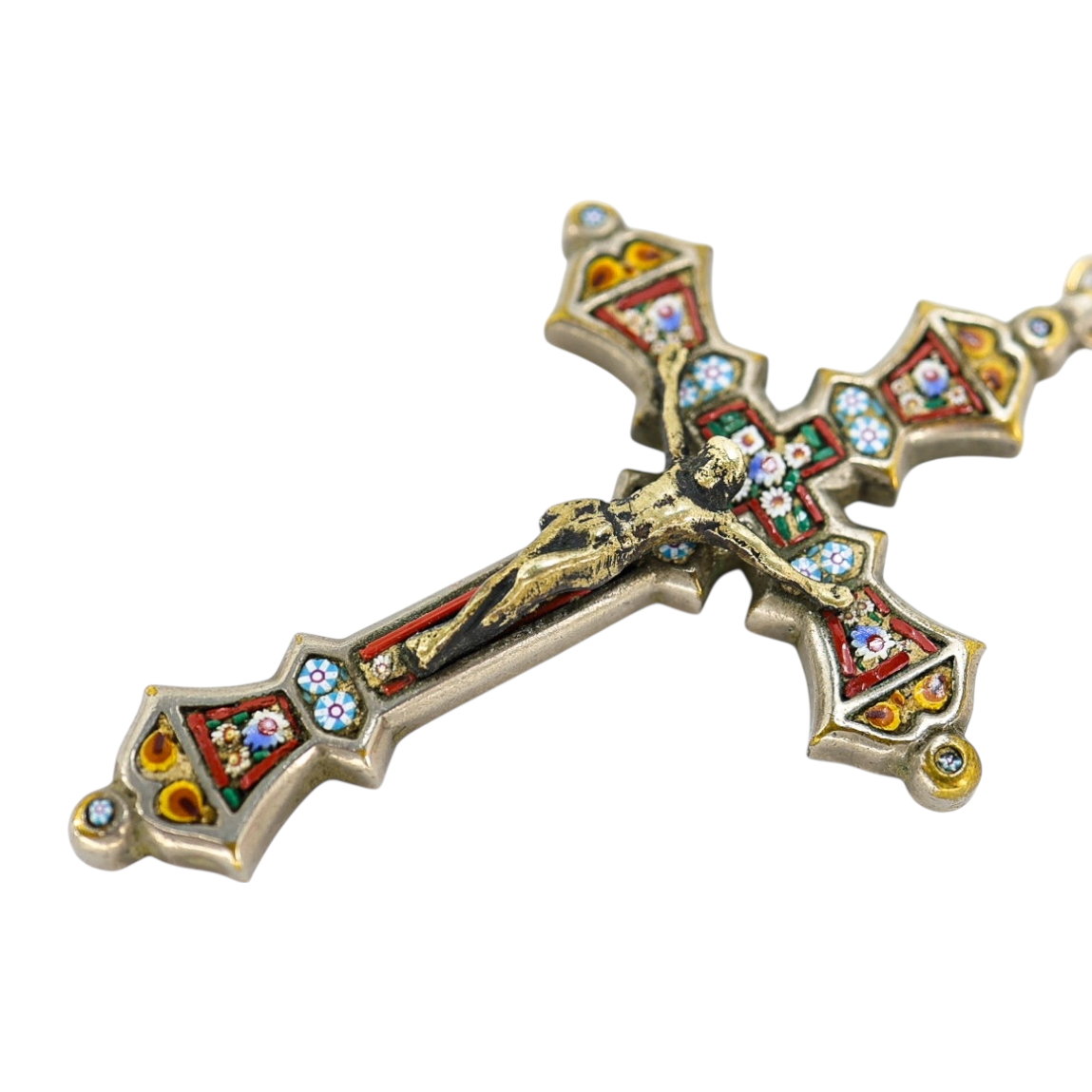 Vintage Italian Micro Mosaic Crucifix Pendant Necklace