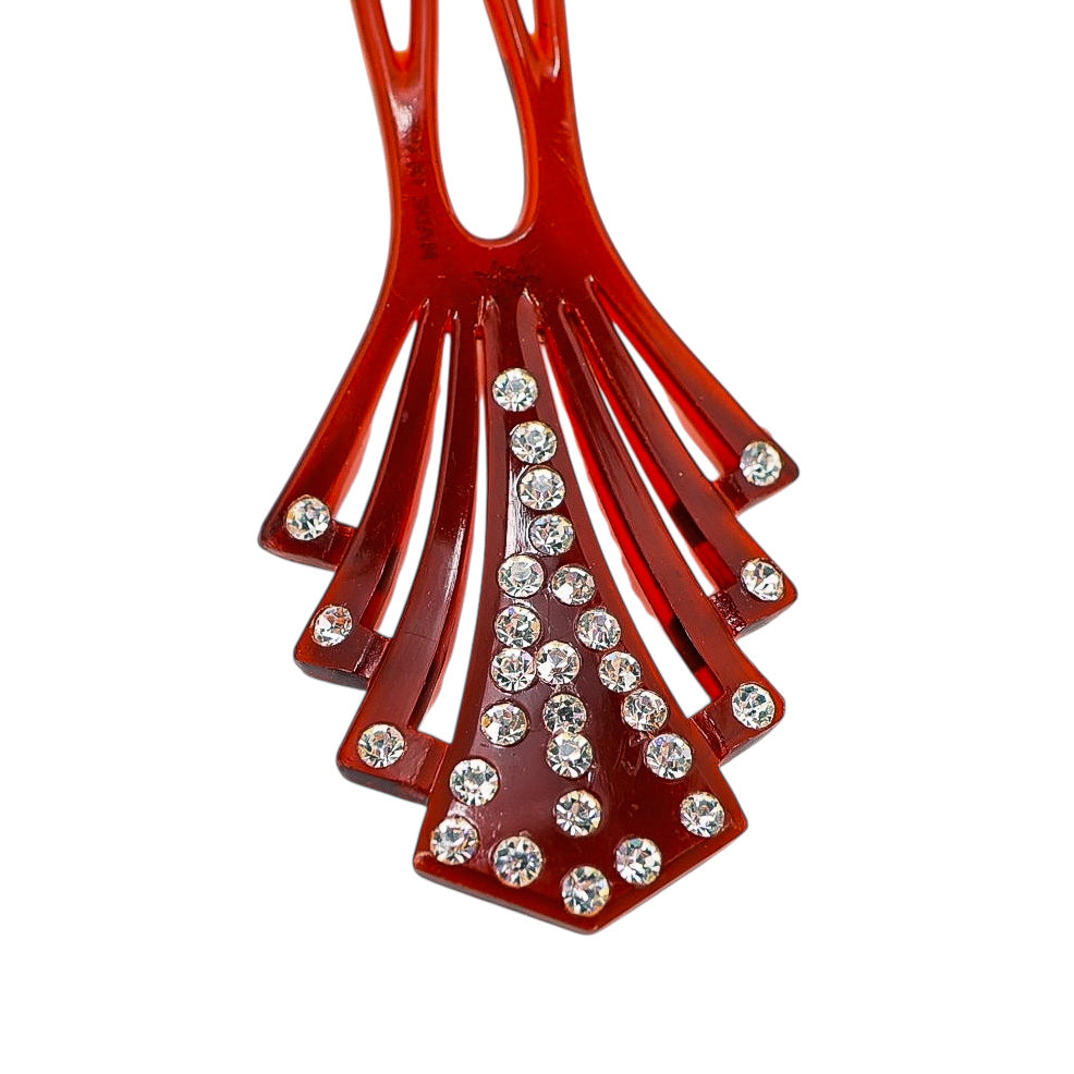 Vintage 1930s Duro Ware USA Hair Fork – Art Deco Celluloid Rhinestone Comb Pick