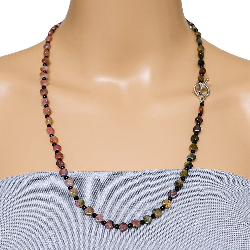 Pink & Green Genuine Tourmaline Heart Bead Necklace 24” October Birthstone