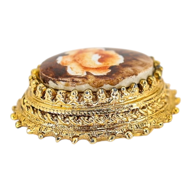 Vintage Florenza Hand-Painted Porcelain Cabochon Earrings, Ornate Gold Tone Filigree Clip-Ons