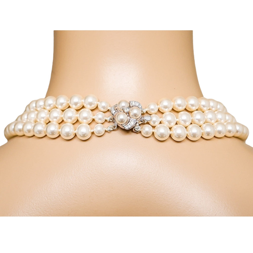 Classic Triple-Strand Faux Pearl Choker Necklace with Rhinestone Clasp