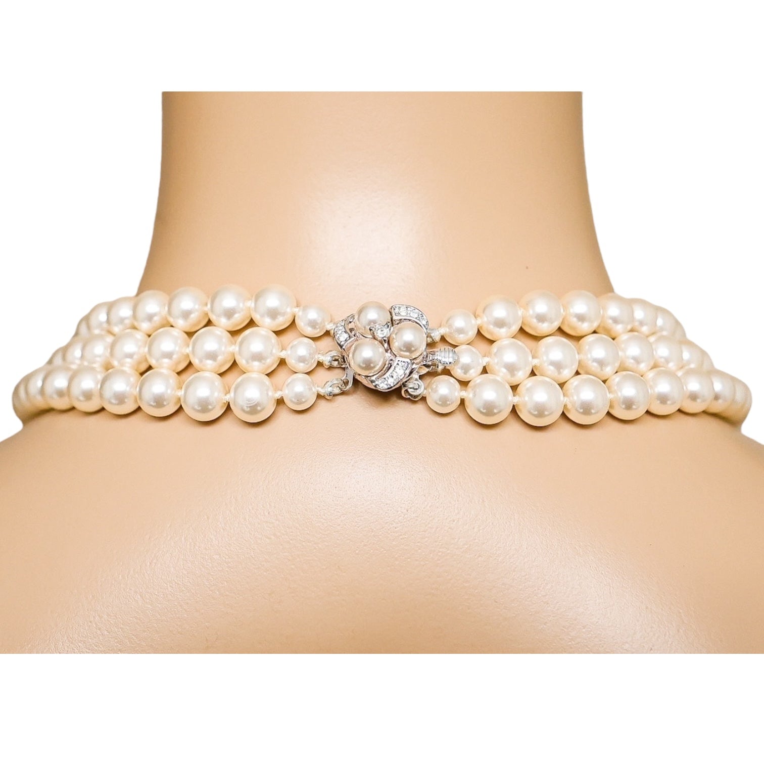 Classic Triple-Strand Faux Pearl Choker Necklace with Rhinestone Clasp