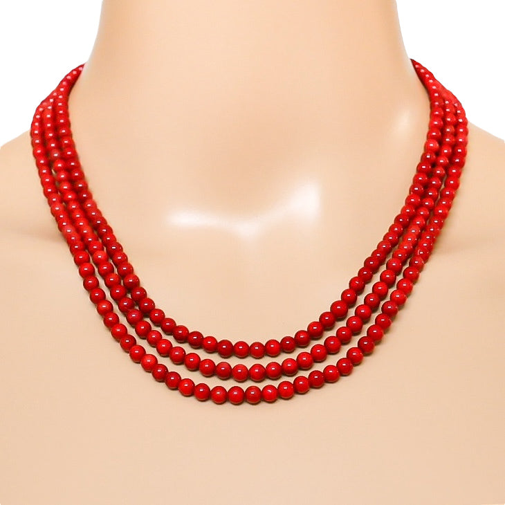 Vintage NOS Pacific Oxblood Coral Beads - 3-Strand Necklace Ornate 925 Clasp