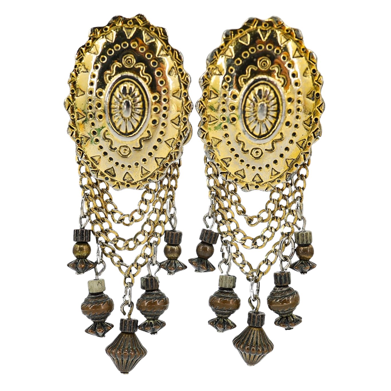 Vintage Ginnie Johansen GJD Clip On Earrings Concho Motif ~3” Boho Chic