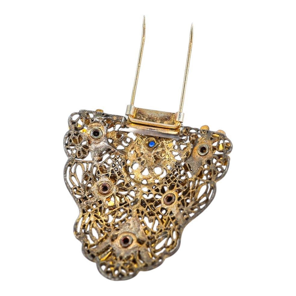 Vintage 1930s Blue Rhinestone Filigree Brass Flora Fur Clip / Dress Clip
