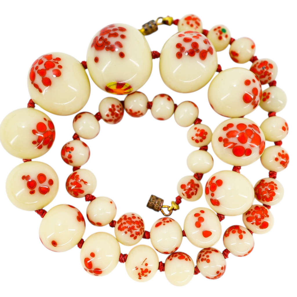Vintage 1930s Venetian Custard Uranium Glass Necklace – Red Frit Beads, UV Reactive