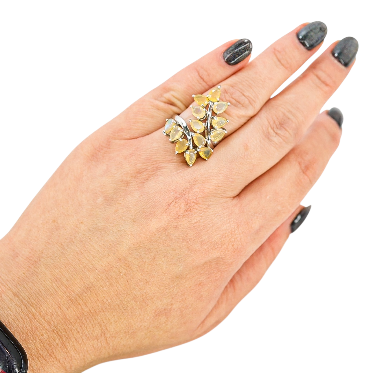 Sterling Silver Ethiopian Yellow Opal Leaf Ring, Size 8 – Pear-Cut Stones with Subtle Play of Color