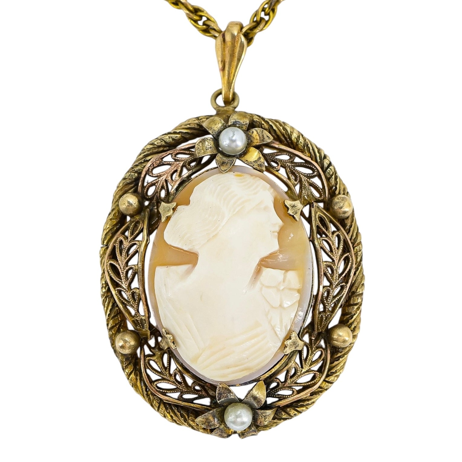 Vintage 1930s Victorian Revival Carved Shell Cameo Pendant Necklace, Die-Stamped Brass Filigree