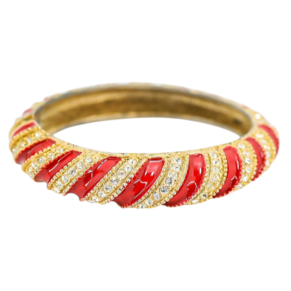 Vintage 1980s Les Bernard Red Enamel & Crystal Swirl Bangle Bracelet