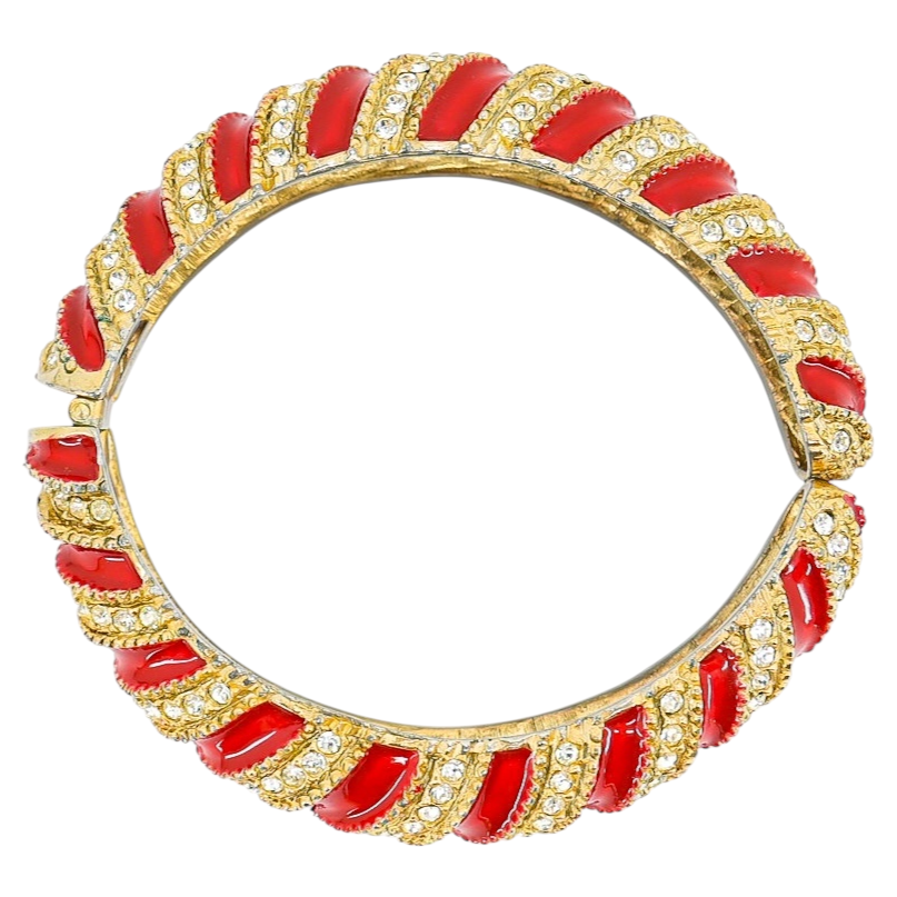 Vintage 1980s Les Bernard Red Enamel & Crystal Swirl Bangle Bracelet