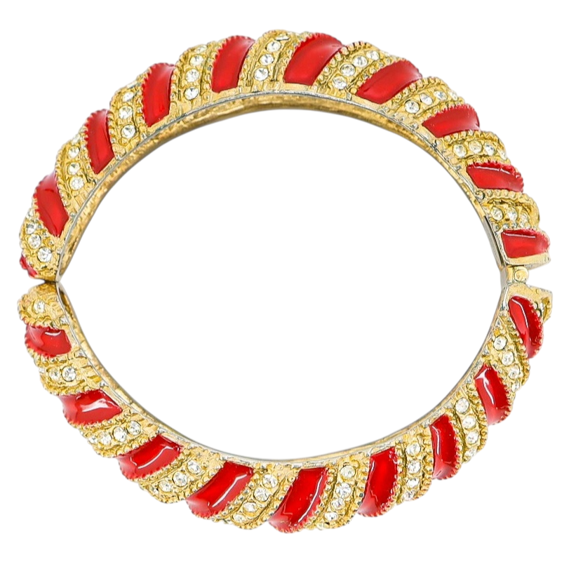 Vintage 1980s Les Bernard Red Enamel & Crystal Swirl Bangle Bracelet