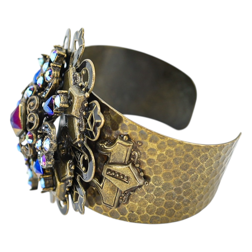 Sweet Romance Peacock Midnight Cross Cuff Bracelet In Bronze Finish Early Studio Signed