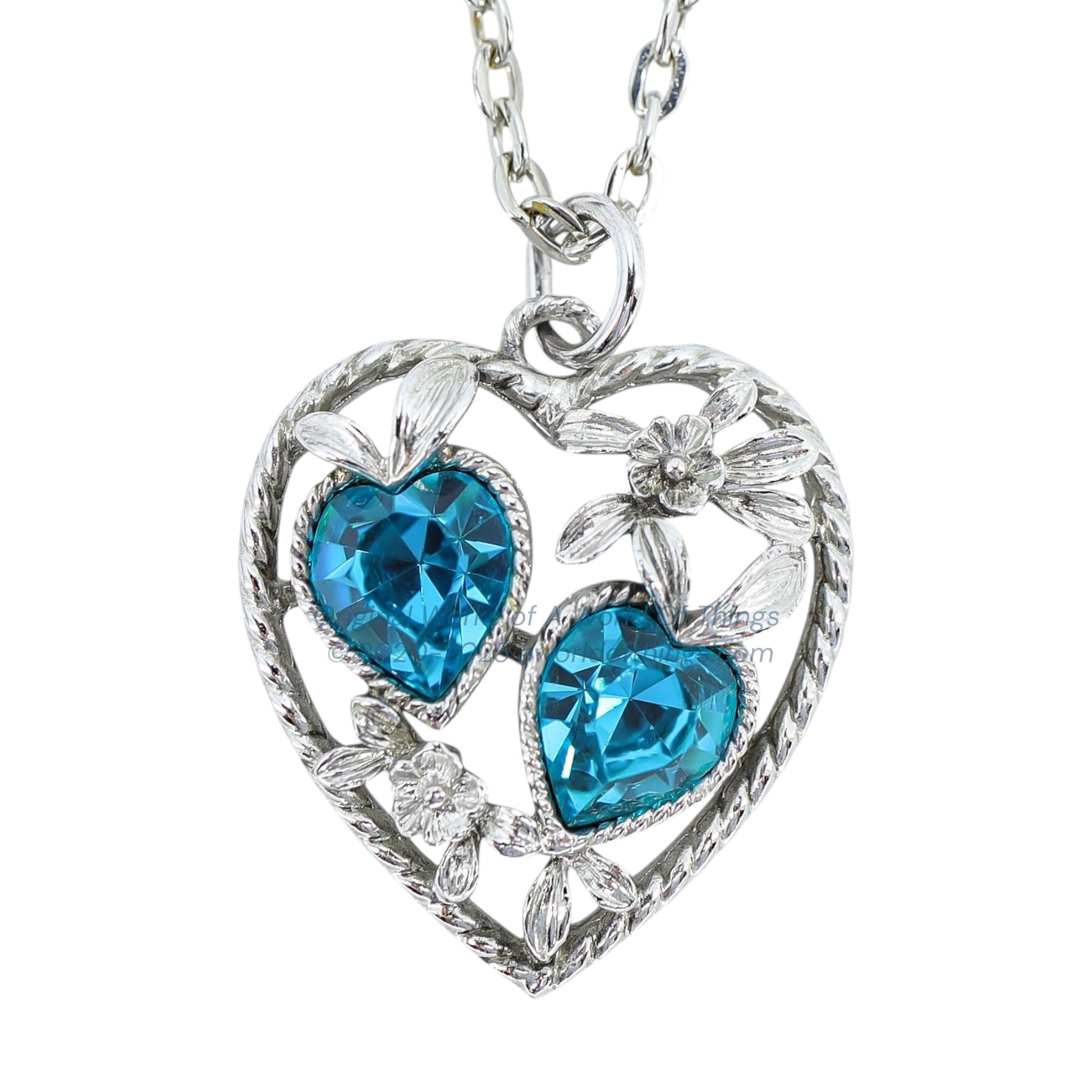 Vintage Early 50s Sarah Coventry SARAH Signed Filigree Heart Pendant W Blue Rhinestones