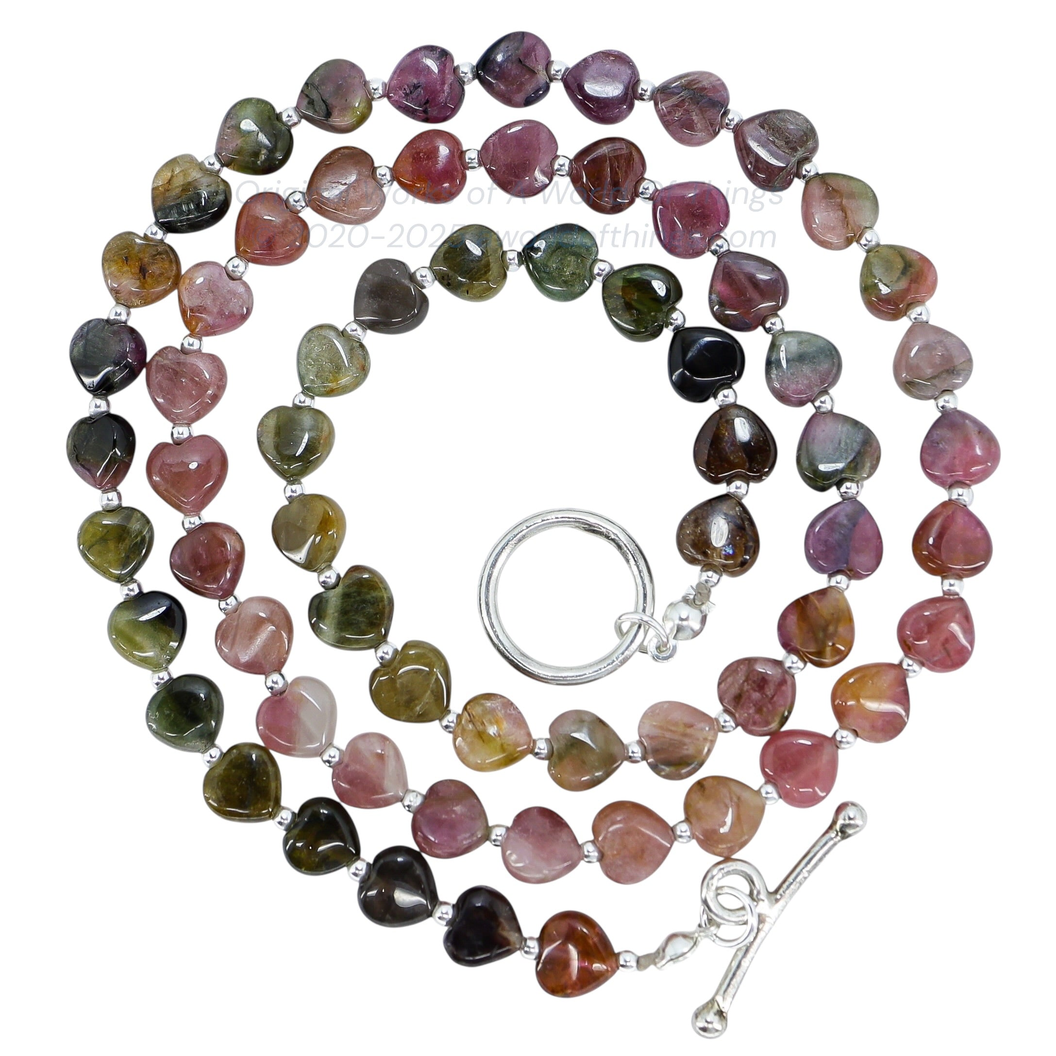 Pink Green Tourmaline Heart Beaded Necklace W Sterling Silver Spacers And Toggle Clasp