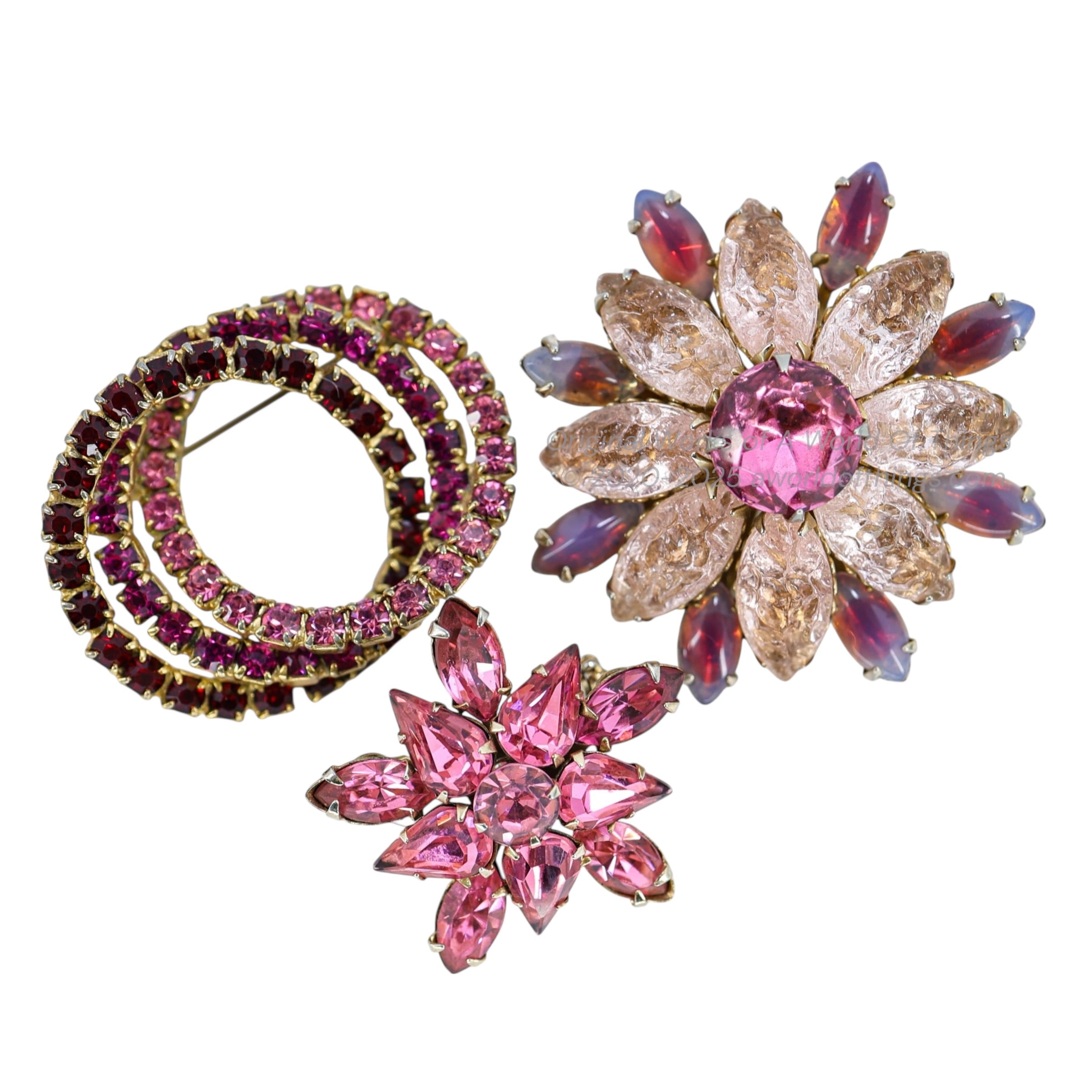 Vintage Pink Rhinestone Flower Brooch Lot Of 3 Mid Century Gold Tone 1–1.5”