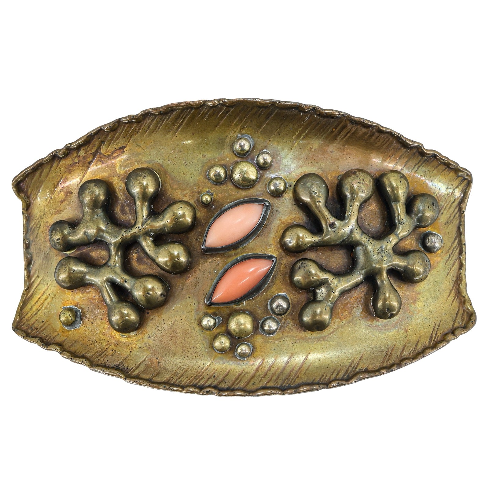 Vintage Signed Wolf Dosch Brutalist Modernist Brass Hair Barrette With Coral Cabs