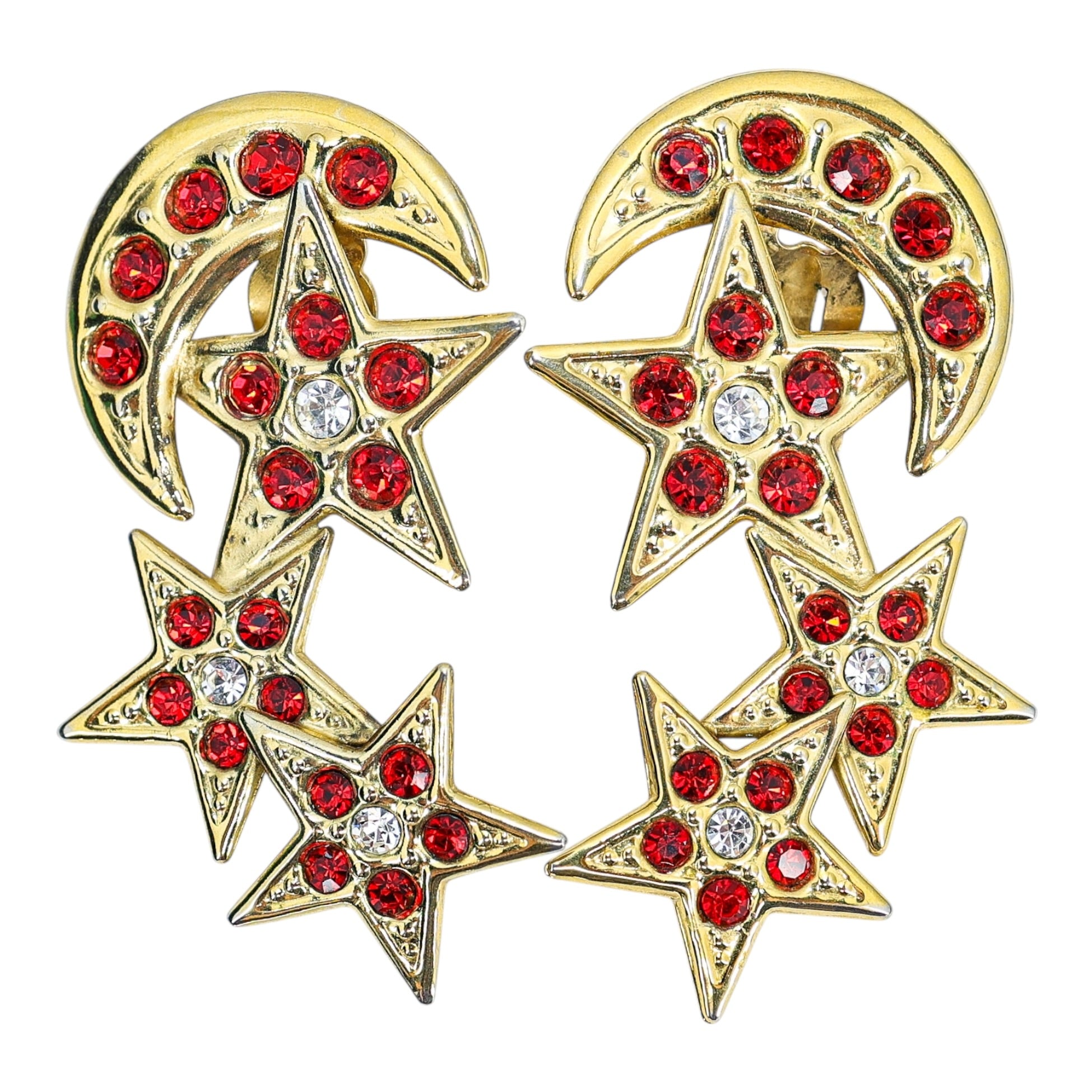 Zoe Coste France Huge Celestial Star Moon Clip Earrings Red Rhinestone 2.75”
