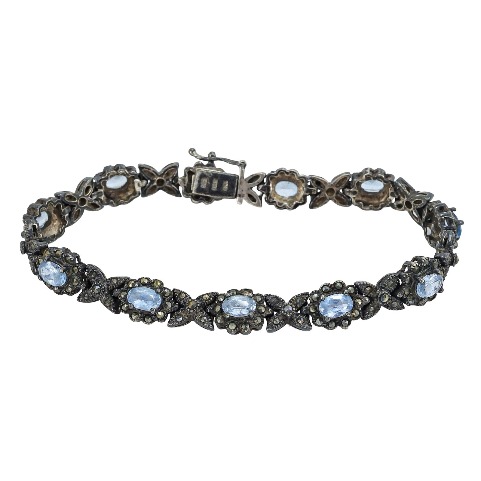 Vintage HAN Thailand Sterling Silver Natural Blue Spinel & Marcasite Bracelet