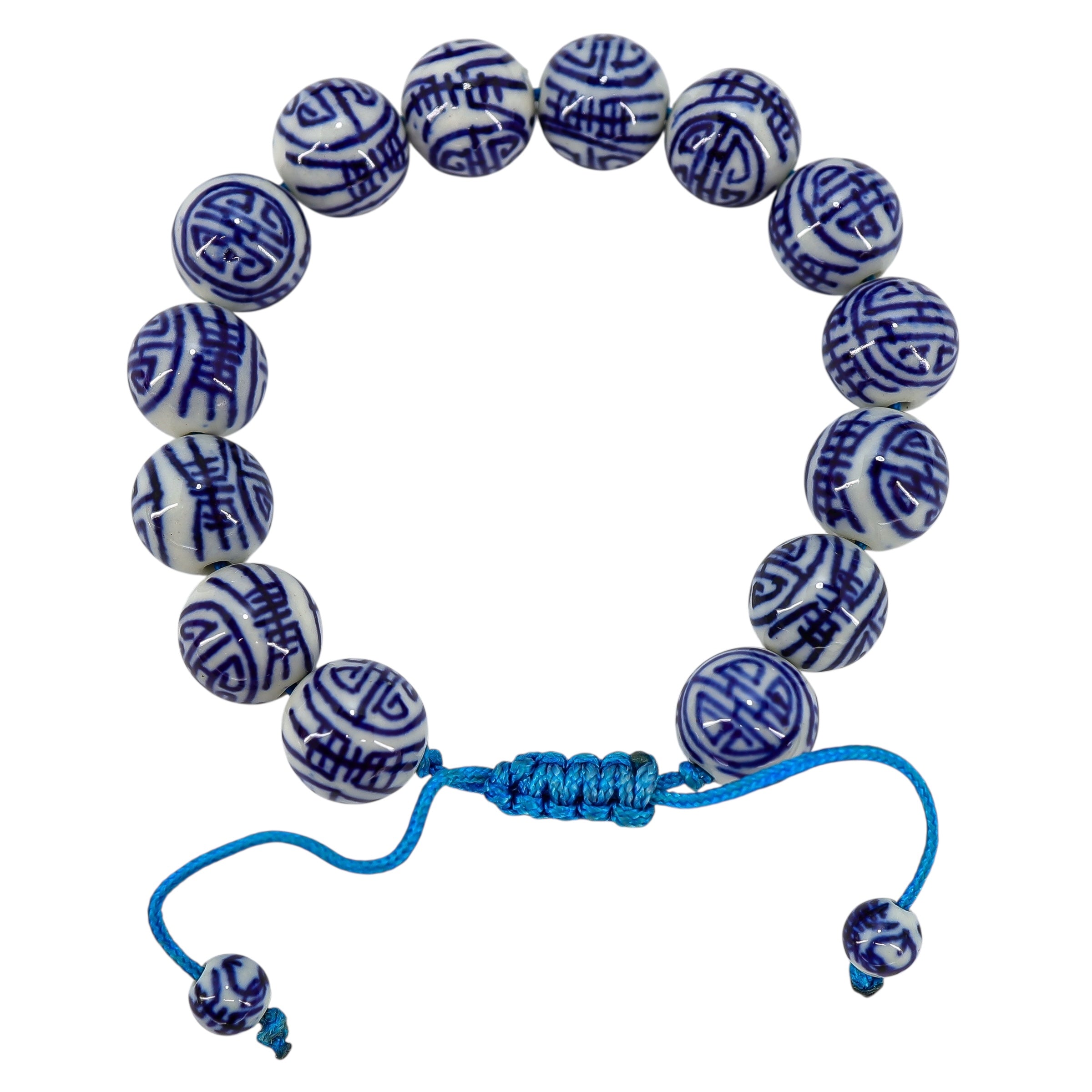 White & Blue Chinese Handpainted Porcelain Bead Bracelet, 12mm - Stylized Longevity Symbol