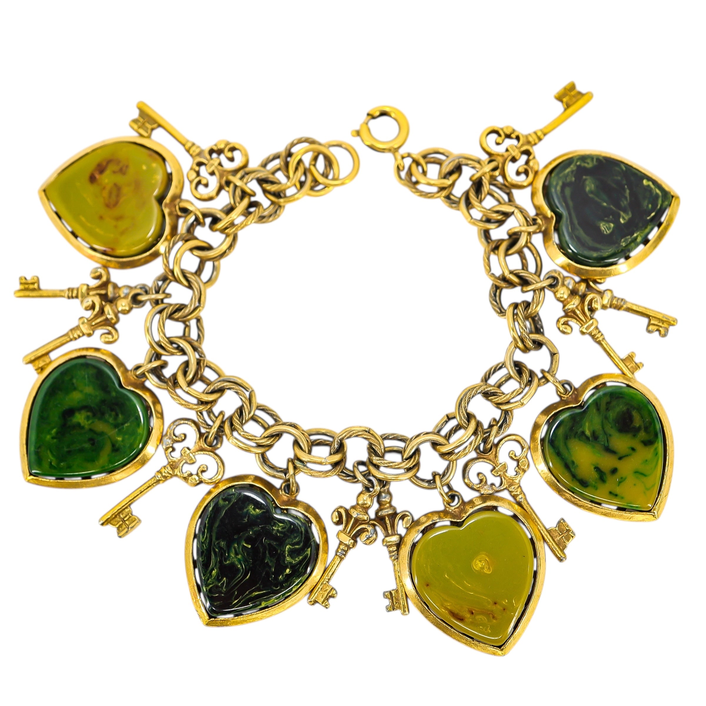 Vintage Bakelite Heart & Key Charm Bracelet – 3 Types Of Marbled Green - Mid-Century Victorian Revival