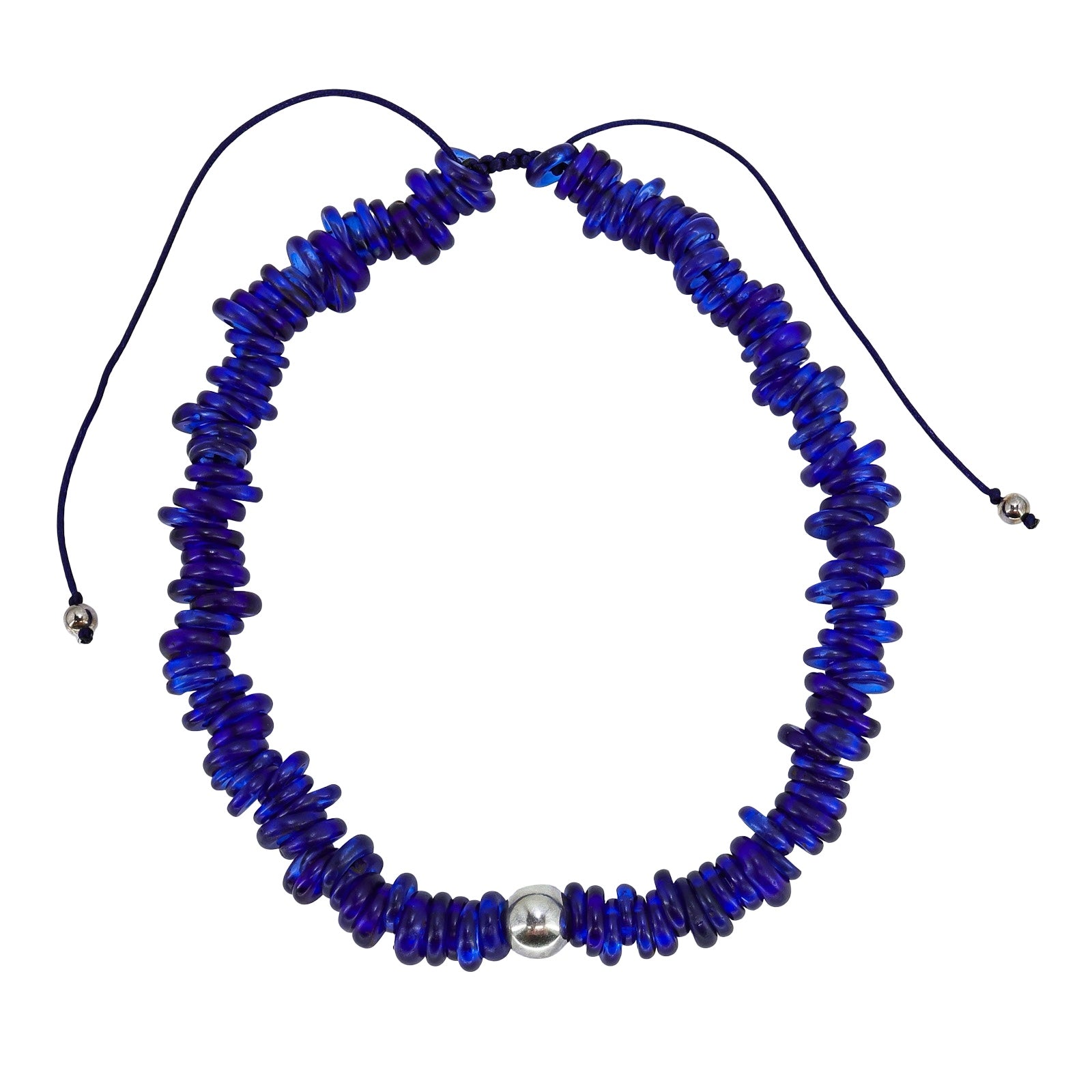 Handmade African Recycled Glass Necklace – Cobalt Blue Doughnut Dogon Ring Beads with Sterling Silver Accents