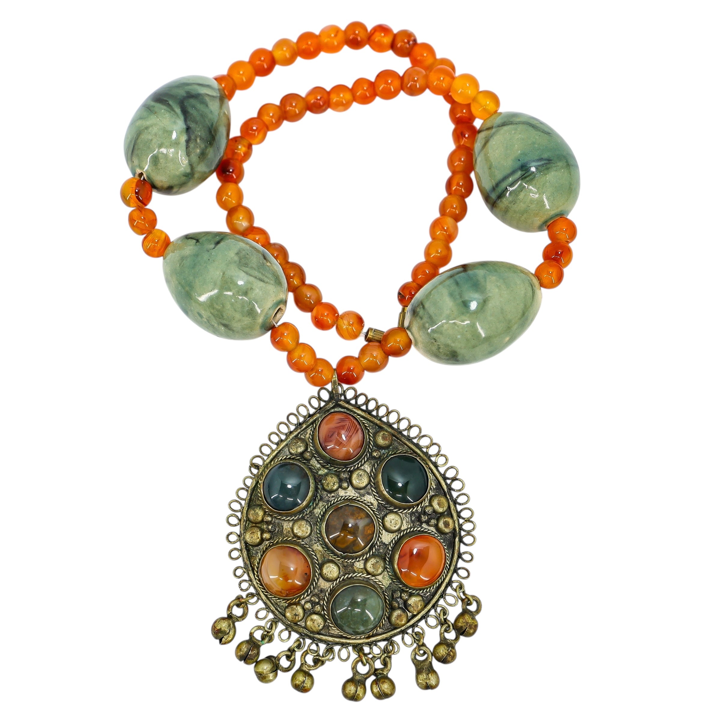 Maximalist Boho Kuchi-Style Pendant Necklace Sardonyx & Green Ceramic Beads