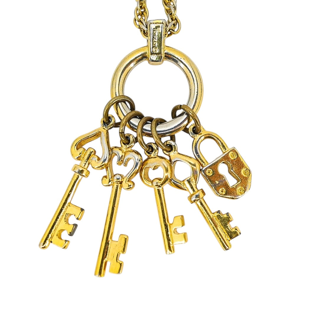 Vintage Trifari Gold Tone Key & Lock Charm Necklace