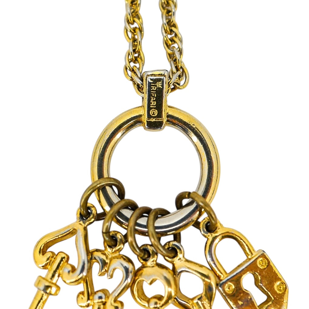 Vintage Trifari Gold Tone Key & Lock Charm Necklace